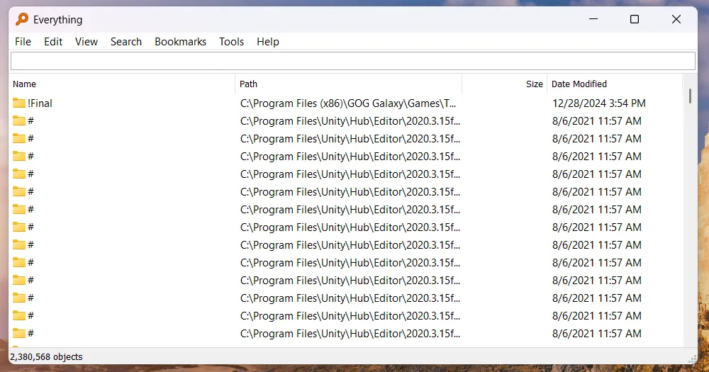 Ứng dụng Everything hiển thị kết quả tìm kiếm file nhanh chóng trên Windows
