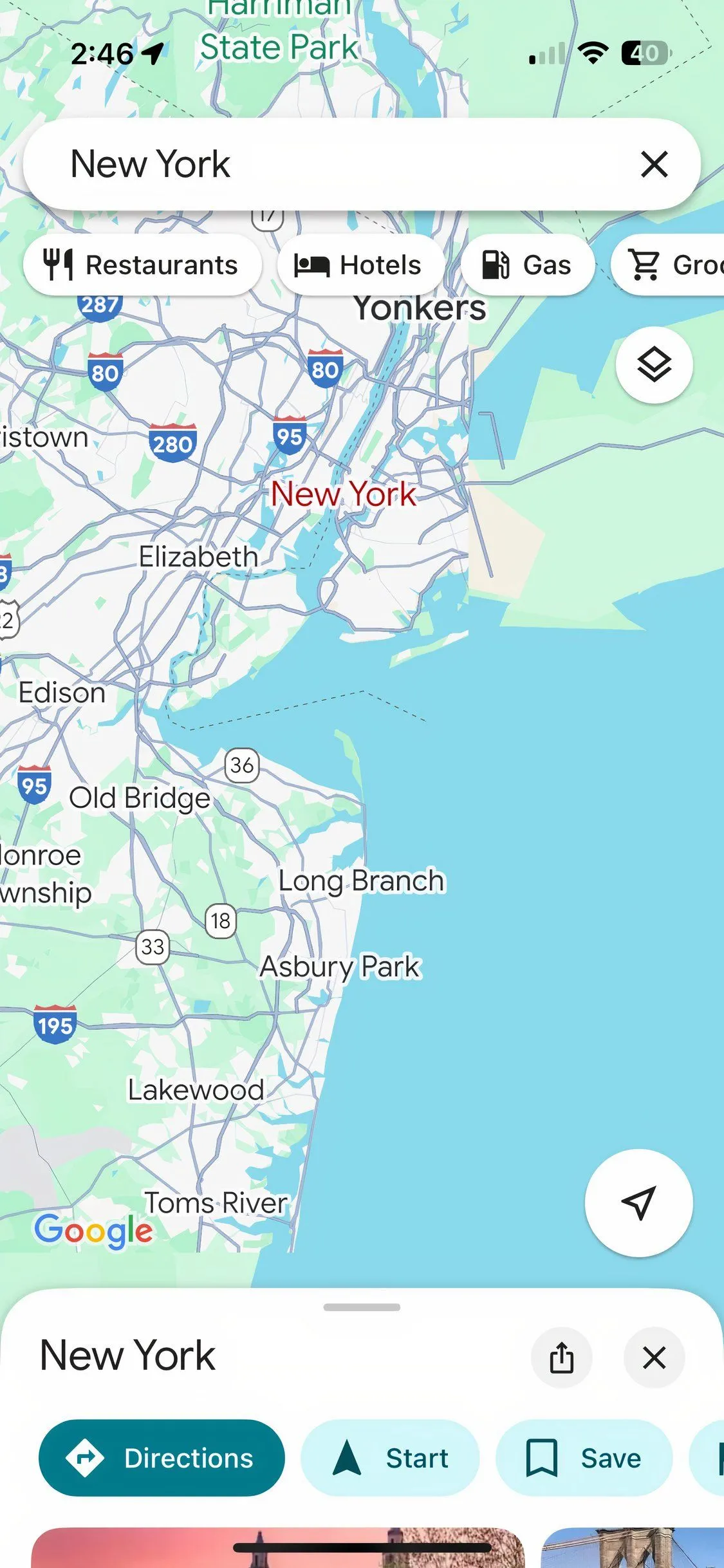 Ứng dụng Google Maps hiển thị bản đồ New York
