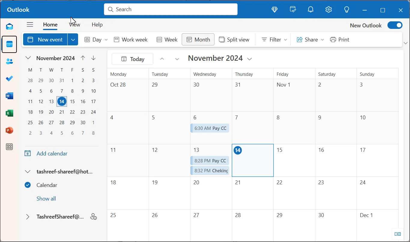 Ứng dụng lịch trong Microsoft Outlook trên Windows 11 hiển thị các cuộc hẹn và lời nhắc