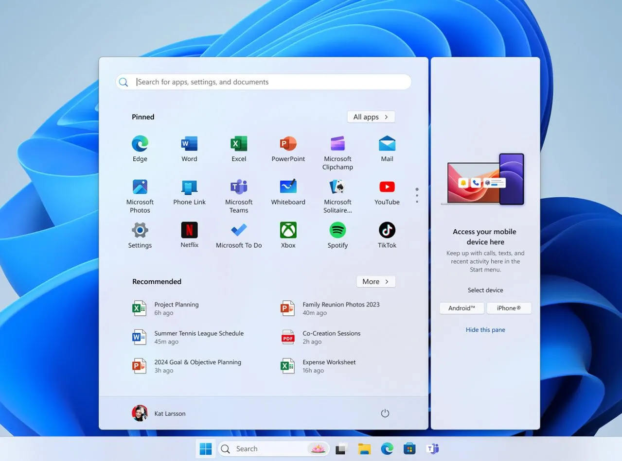 Ứng dụng Microsoft Phone Link hiển thị trong menu Start của Windows, chứng tỏ mức độ tích hợp sâu với hệ điều hành