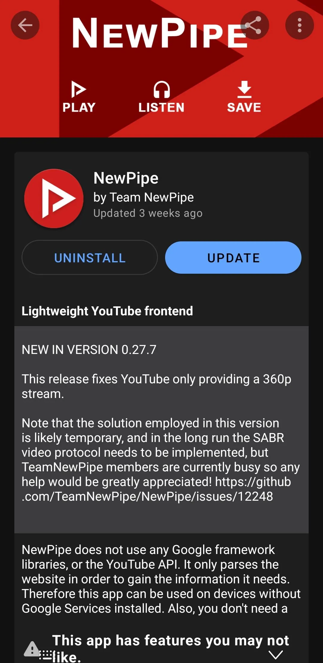 Ứng dụng NewPipe hiển thị trên F-Droid, minh họa kho ứng dụng mã nguồn mở miễn phí cho Android.