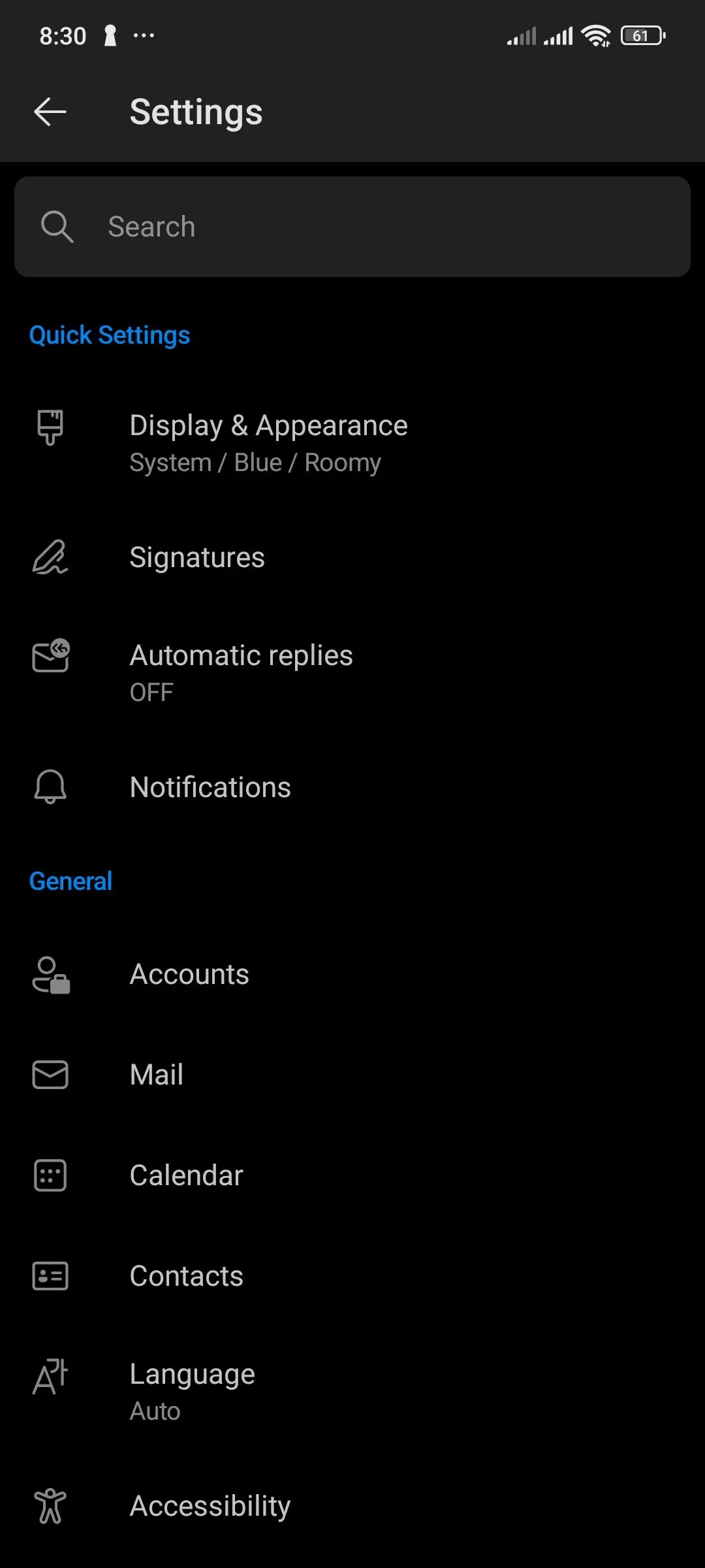 Ứng dụng Outlook trên Android hiển thị tùy chọn Tài khoản.