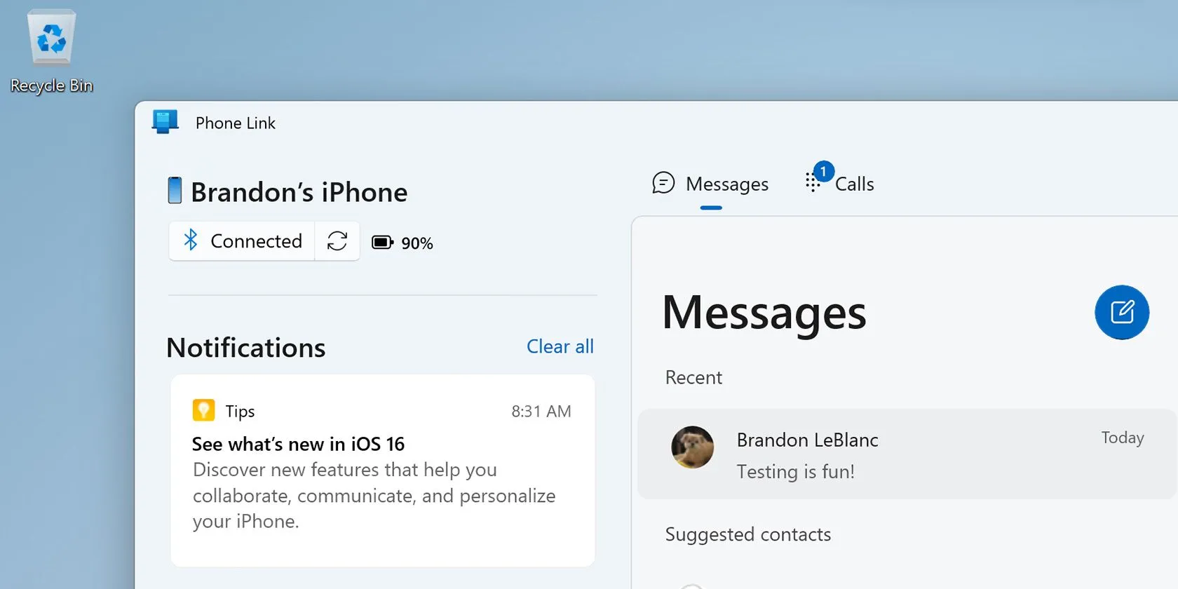 Ứng dụng Phone Link trên Windows 11 đang ghép nối với iPhone để đồng bộ cuộc gọi và tin nhắn