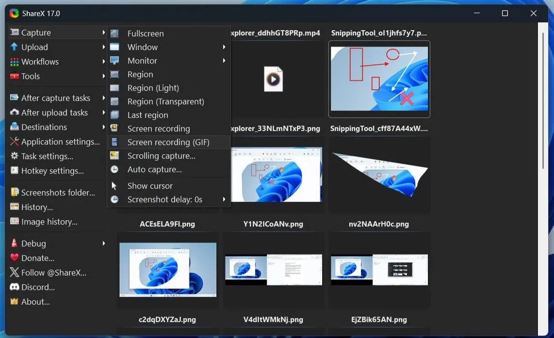 Ứng dụng ShareX hiển thị các tùy chọn chụp và quay màn hình nâng cao trên Windows