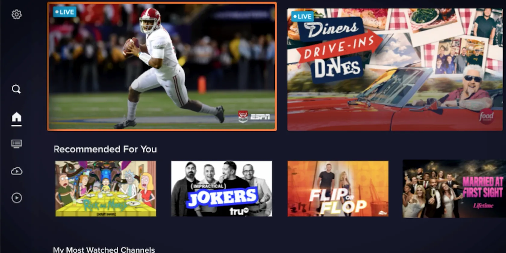 Ứng dụng Sling TV hiển thị các chương trình truyền hình và kênh thể thao trực tiếp, minh họa sự đa dạng nội dung