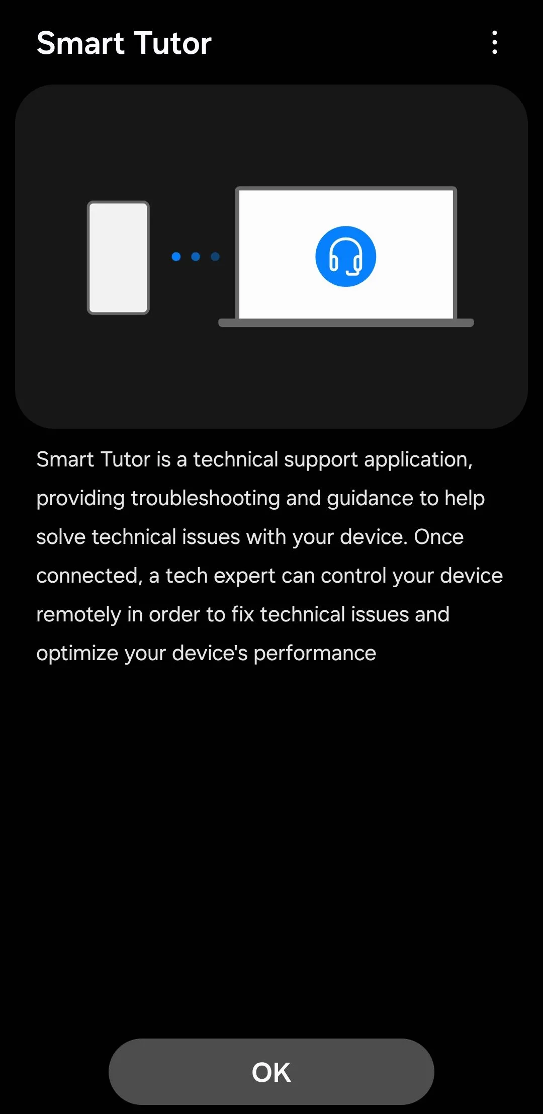 Ứng dụng Smart Tutor hiển thị tùy chọn kết nối hỗ trợ từ xa trên điện thoại Galaxy.