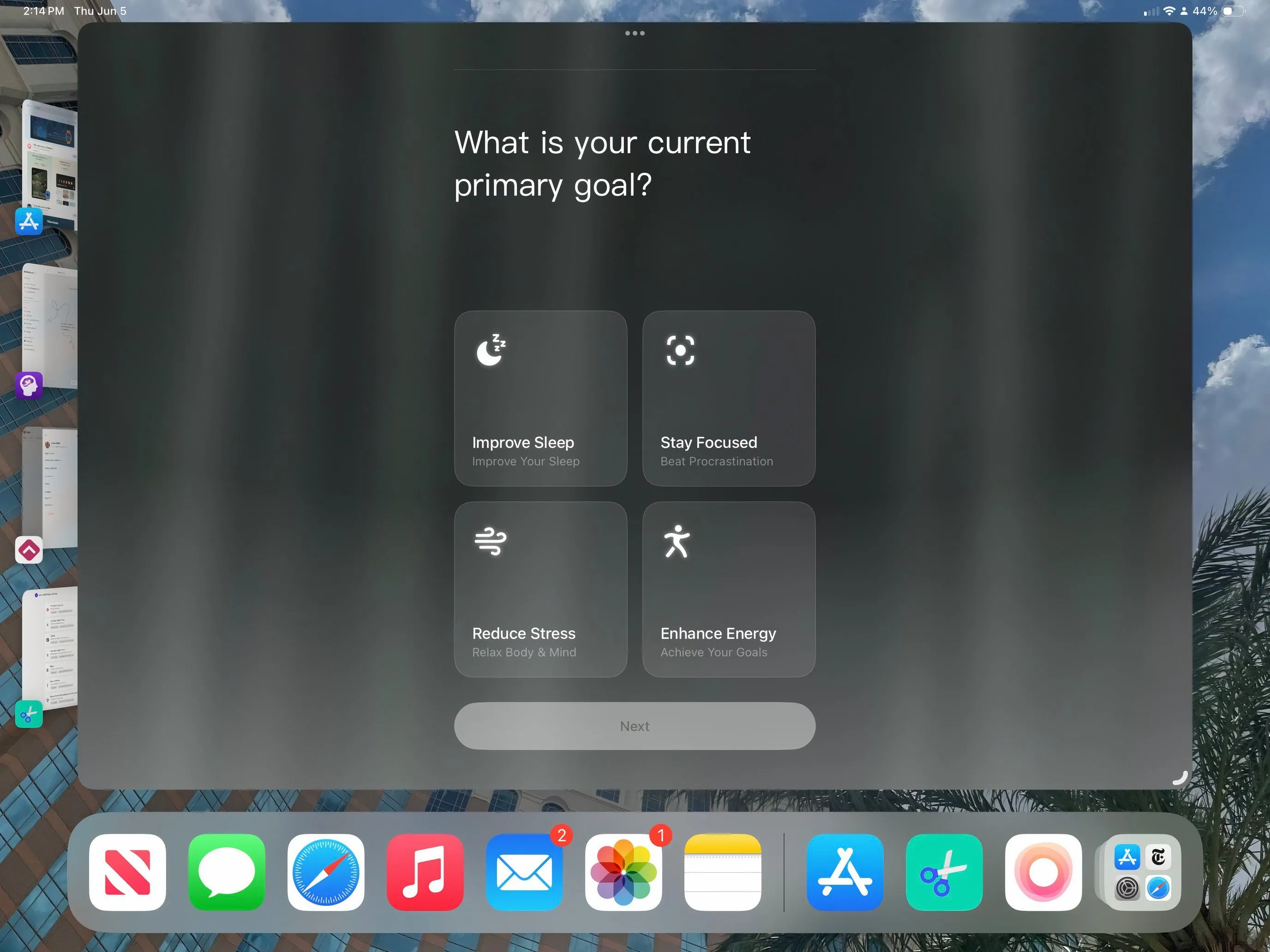 Ứng dụng TIDE trên iPad hiển thị giao diện thiền định và âm thanh thư giãn