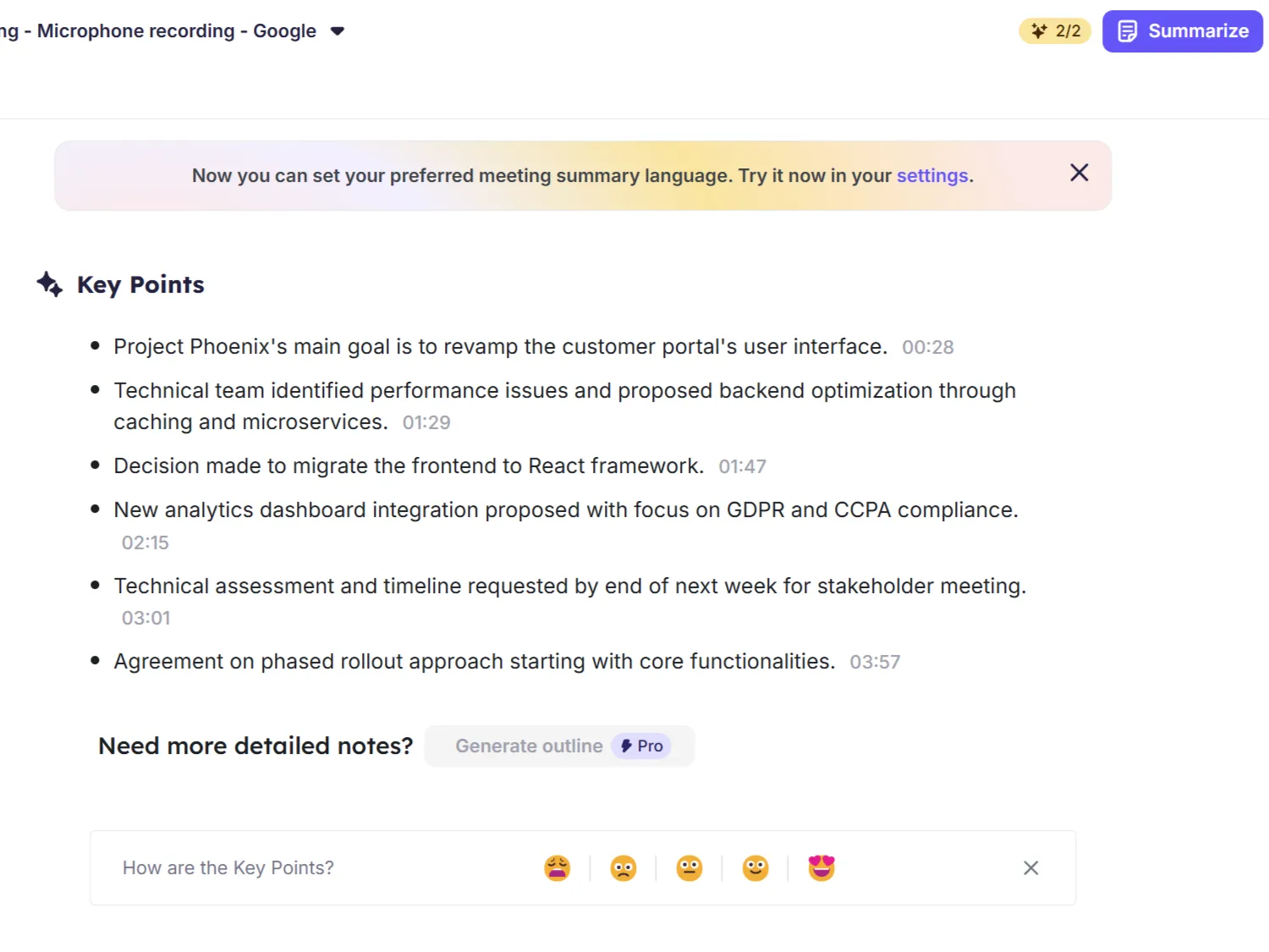 Ứng dụng web Krisp hiển thị bản tóm tắt cuộc họp với các điểm chính được tạo tự động bởi AI