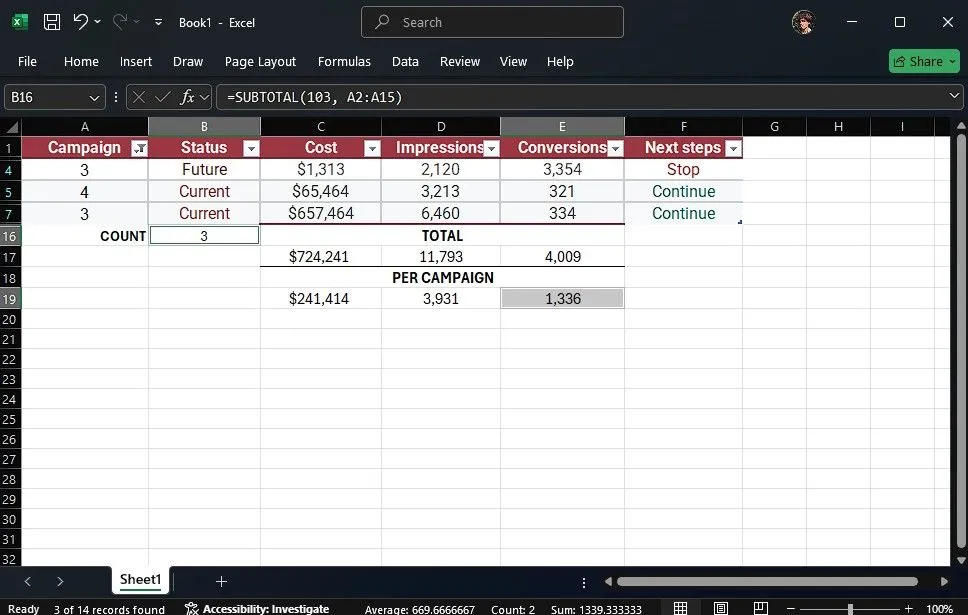 Ví dụ áp dụng hàm SUBTOTAL với tham số 103 để đếm số ô hiển thị trong bảng Excel