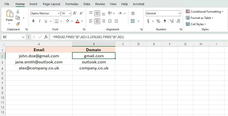 Ví dụ công thức trích xuất tên miền email phức tạp trong Excel