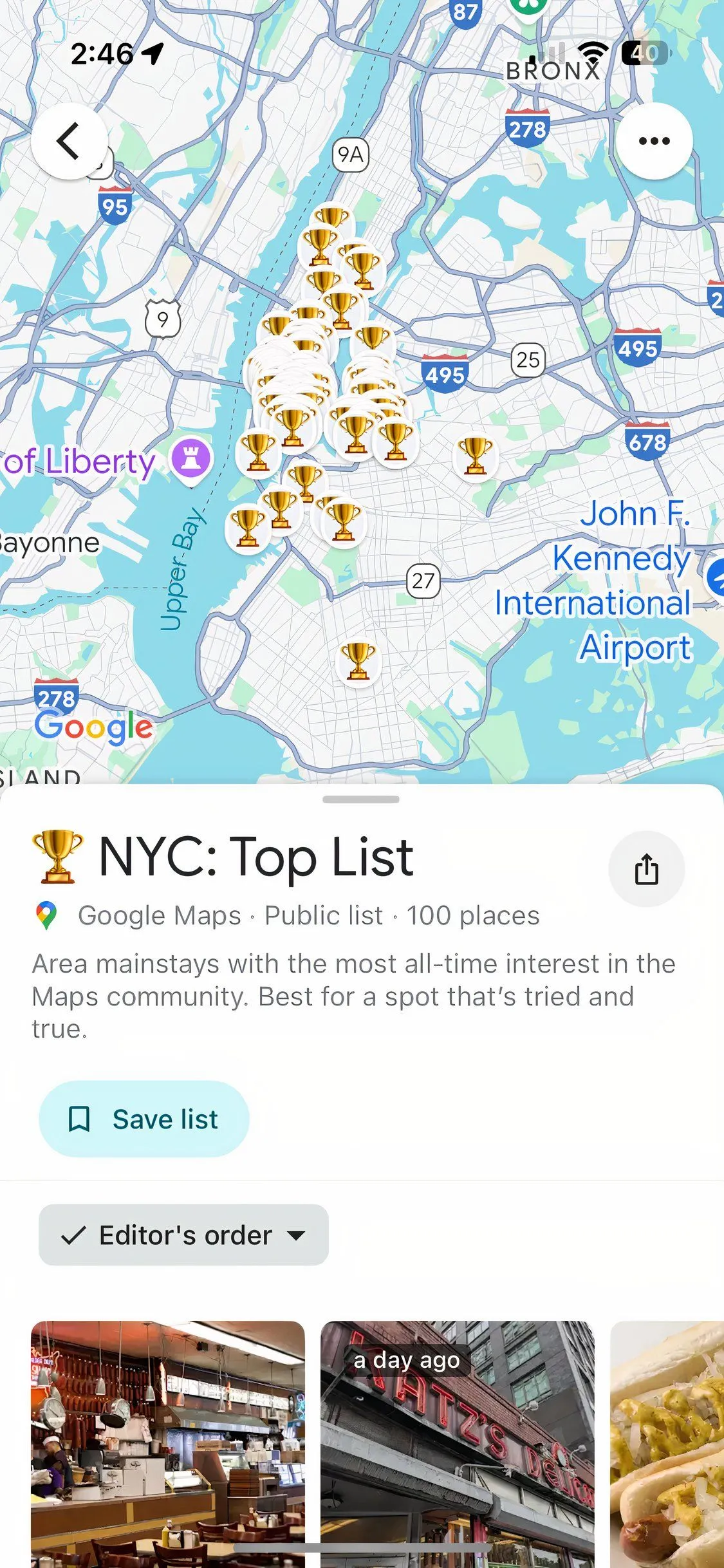 Ví dụ danh sách địa điểm nổi bật trên Google Maps ở New York