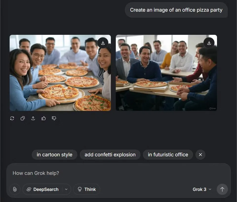 Ví dụ hình ảnh bữa tiệc pizza được tạo bởi Grok Aurora, cho thấy chất lượng hình ảnh sắc nét.
