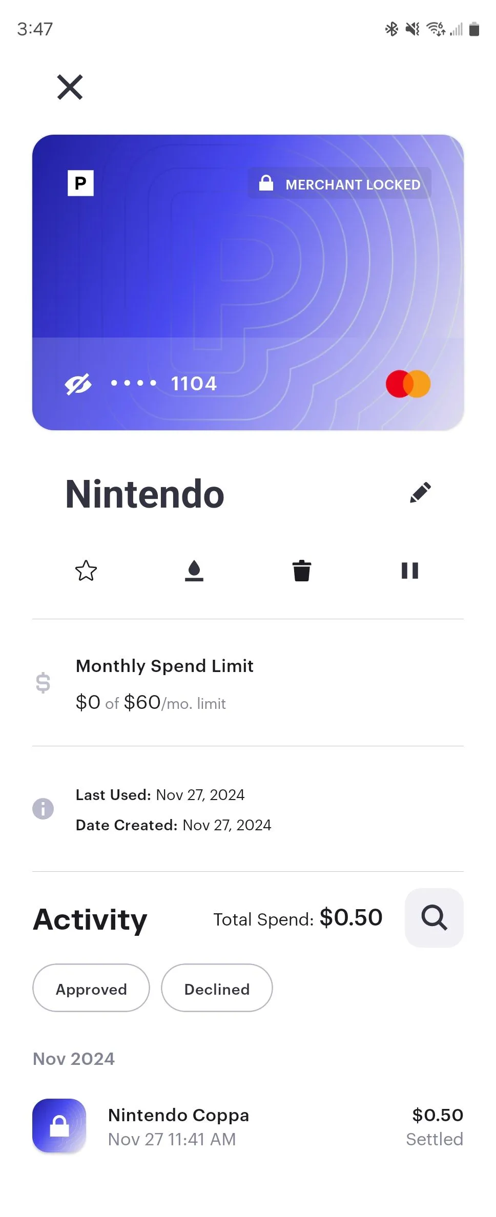 Ví dụ thẻ thanh toán dùng một lần cho Nintendo được tạo thông qua ứng dụng Privacy trên Android.