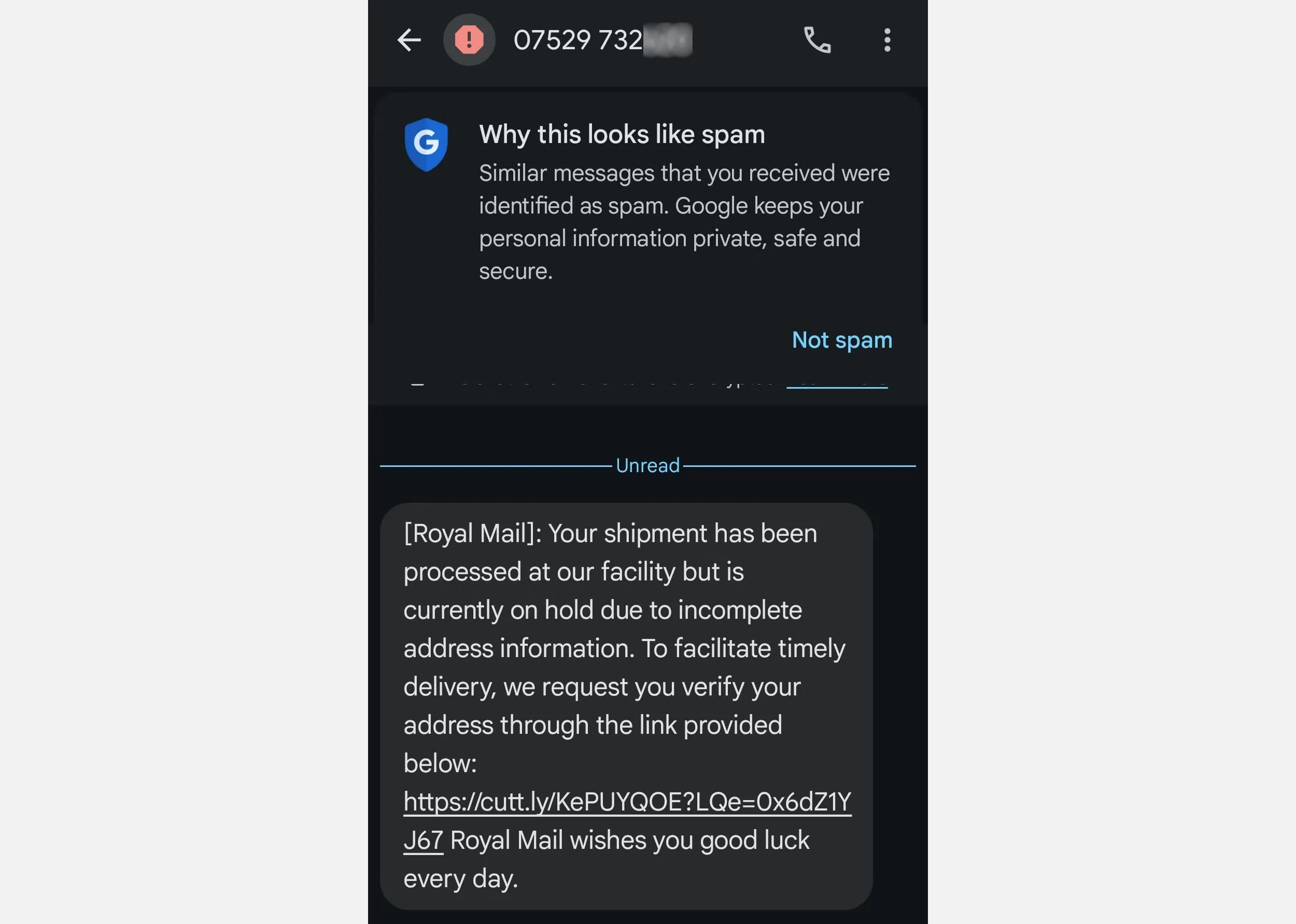 Ví dụ tin nhắn lừa đảo Smishing của Royal Mail UK trên điện thoại