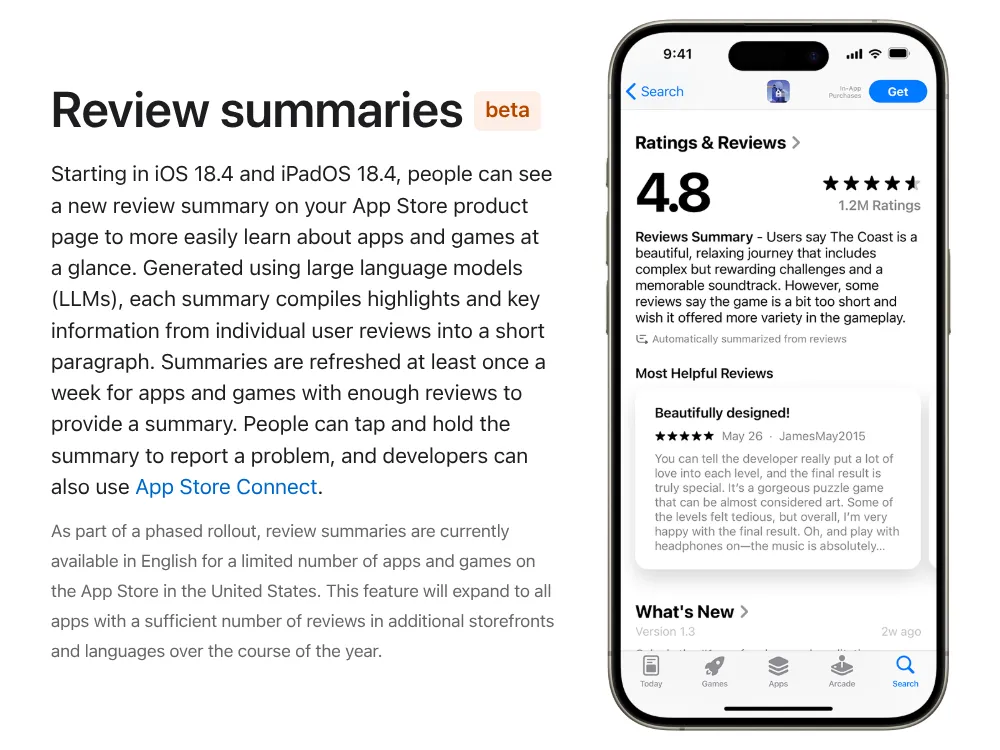 Ví dụ tóm tắt đánh giá bằng AI trên Apple App Store