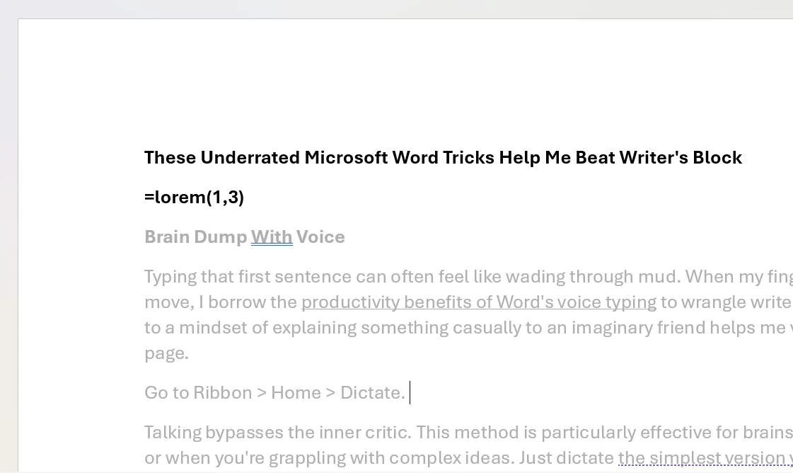 Ví dụ văn bản giữ chỗ Lorem Ipsum trong Microsoft Word, được tạo bằng lệnh =lorem().