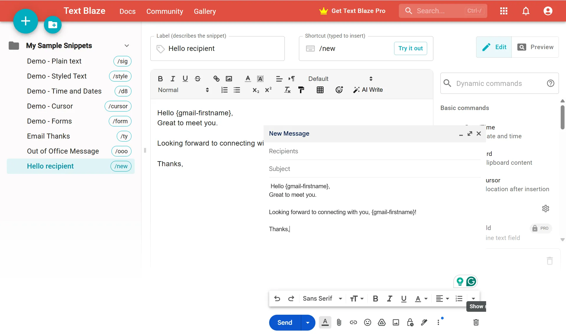 Ví dụ về snippet động của Text Blaze, cho phép chèn ngày tháng hiện tại hoặc nhập liệu tùy chỉnh để tạo nội dung linh hoạt.