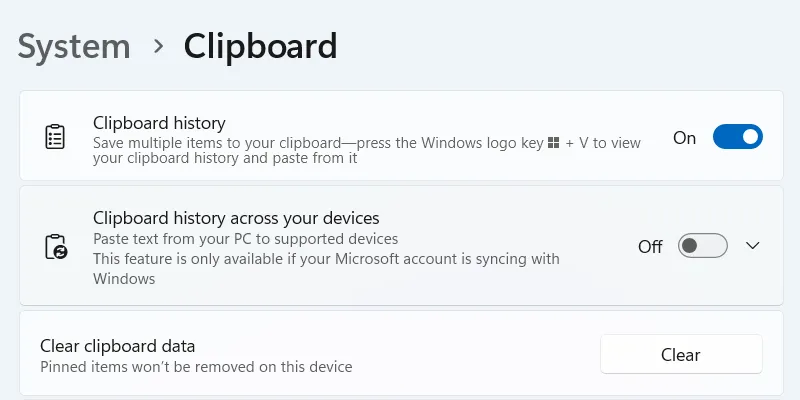 Vô hiệu hóa đồng bộ lịch sử Clipboard trên Windows 11